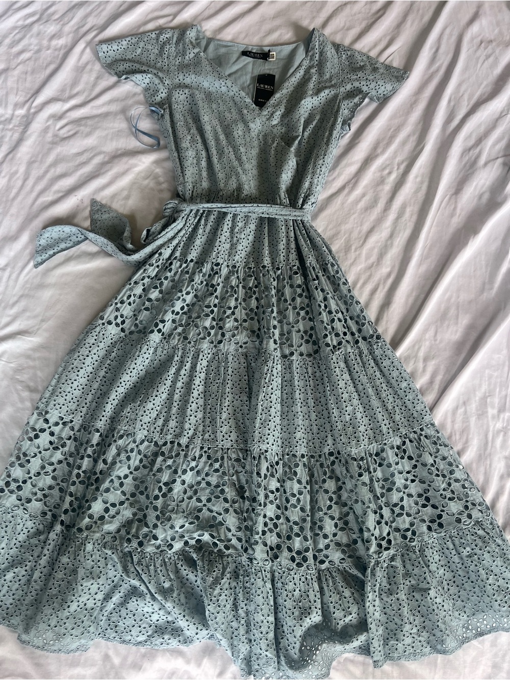 Ralph Lauren Mint Blue Eyelet Tiered Maxi Dress with Waist Tie